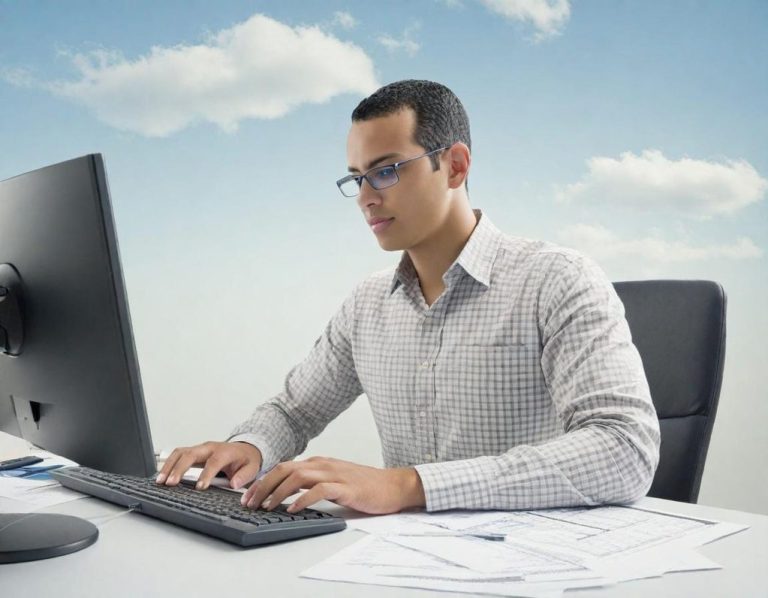 Homme suivant une formation e-learning assis à son bureau sur fond de ciel bleu nuageux Homme assis à un bureau, tapant sur un ordinateur, entouré de documents.