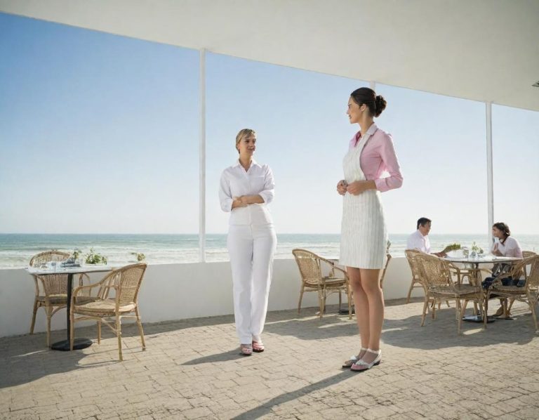 Serveuses discutant sur la terrasse du restaurant de bord de mer Deux femmes en tenue élégante discutent près d'une terrasse surplombant la mer.