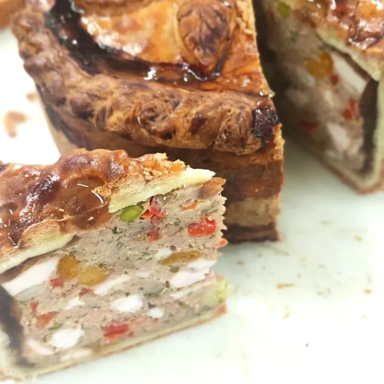 Pâté en croûte de volaille à la marocaine Pâté en croûte tranché, avec des morceaux de viandes et des légumes colorés.
