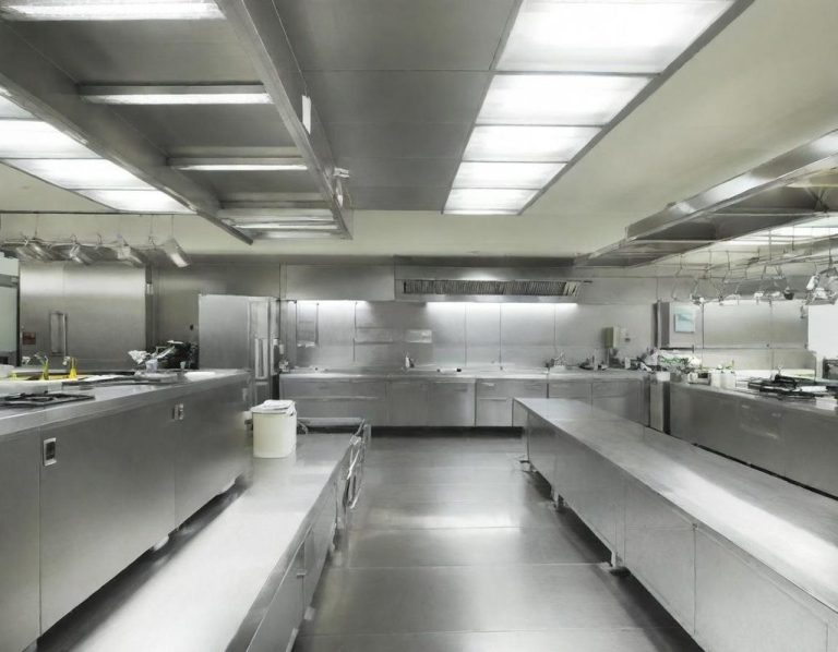 Cuisine propre respectant les bonnes pratiques d'hygiène et HACCP Cuisine professionnelle moderne avec équipements en acier inoxydable et éclairage lumineux.