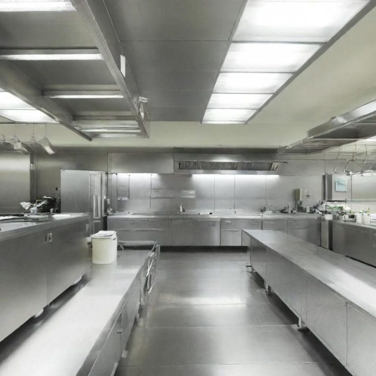 management en restauration Cuisine professionnelle moderne avec des surfaces en acier inoxydable et un éclairage lumineux.
