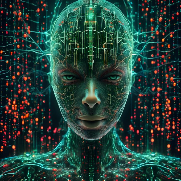 l'intelligence artificielle en chr Visage humanoïde stylisé avec circuits électroniques et arrière-plan de données lumineuses.