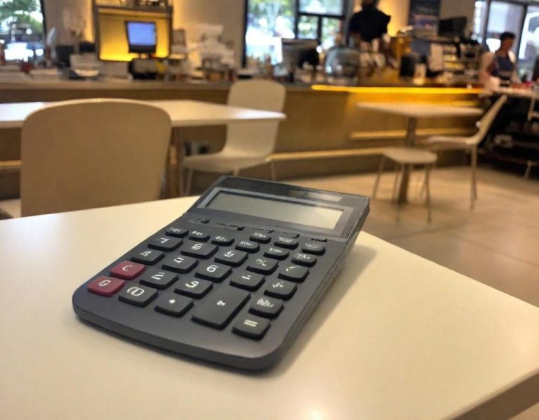 La rentabilité au restaurant Une calculatrice grise sur une table dans un café.