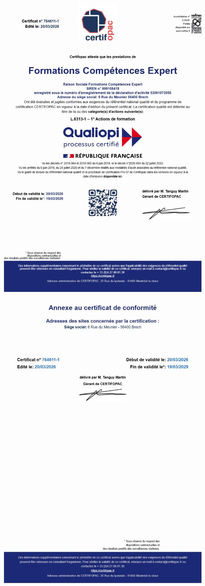 Certificat qualiopi délivré par certifopac Certificat de conformité Qualiopi avec logo et QR code en bas.