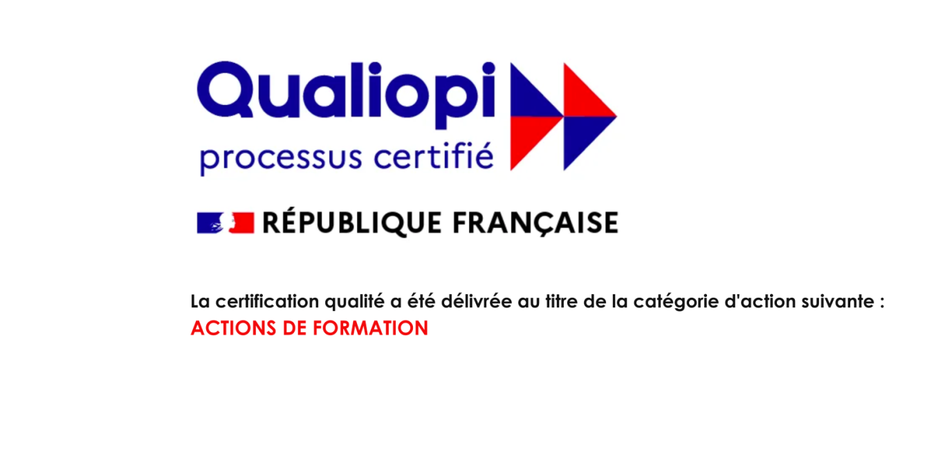Logo qualiopi Actions de formation Logo de Qualiopi avec la mention "République Française" et texte sur la certification.